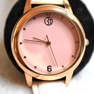3T Pink Face Gold Tone White Leather Band New Battery Like New Watch